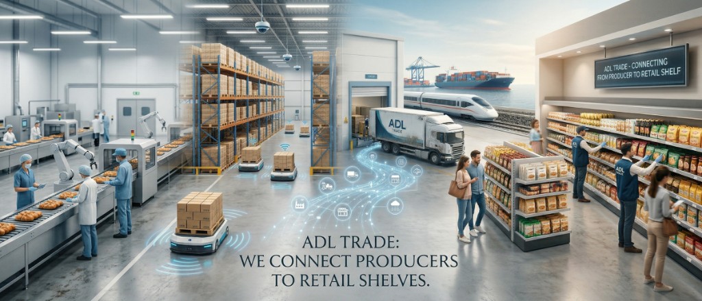 Illustration of the ADL Trade value chain — production, warehouse, logistics with truck, train and ship, and retail shelves; overlay text: we connect producers to retail shelves