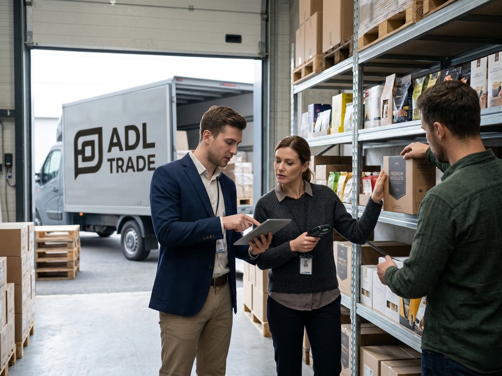 Warehouse team collaborating with a tablet and barcode scanner beside stocked shelves; ADL Trade delivery truck visible at the loading bay
