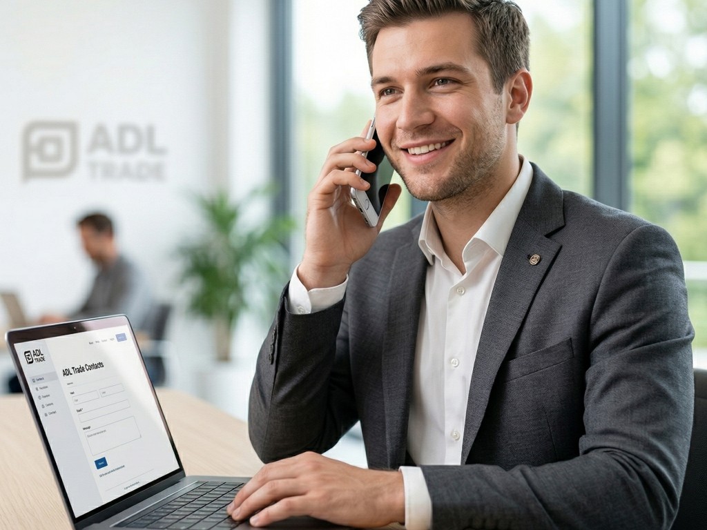 Сотрудник в офисе на звонке, на ноутбуке страница контактов ADL Trade; светлый офис с фирменным оформлением