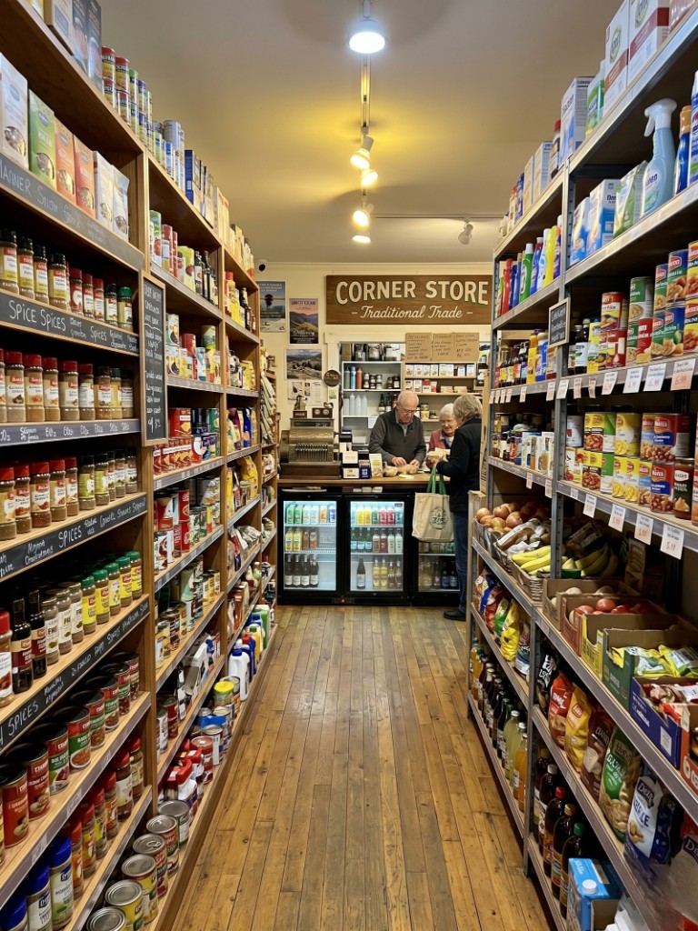 Alimentară de cartier cu rafturi din lemn, culoar central și tejghea de servire — comerț tradițional