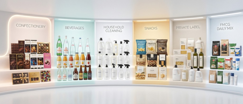 Showroom panoramic cu șase nișe — confiserie, băuturi, curățenie, snacks, private label și mix FMCG zilnic