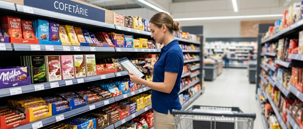 Echipă în magazin cu tabletă și scanner — execuție la raft și operațiuni retail