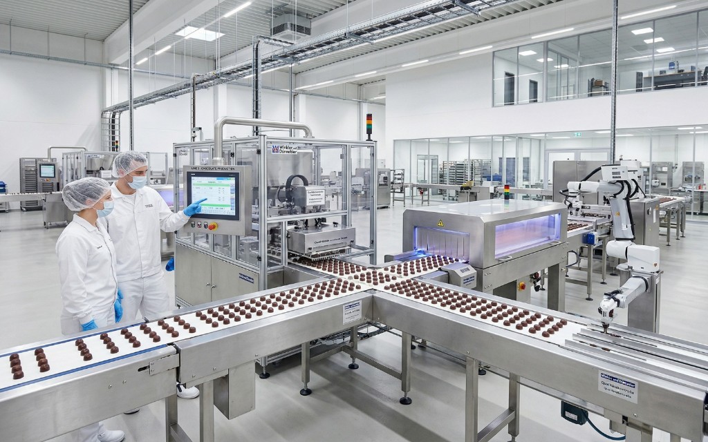 Facilitate de producție alimentară — personal la panoul de control, linie automată de confiserie cu benzi transportoare